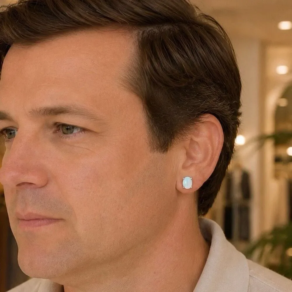 White Fire Faux Opal Oval Stud Earrings Unisex